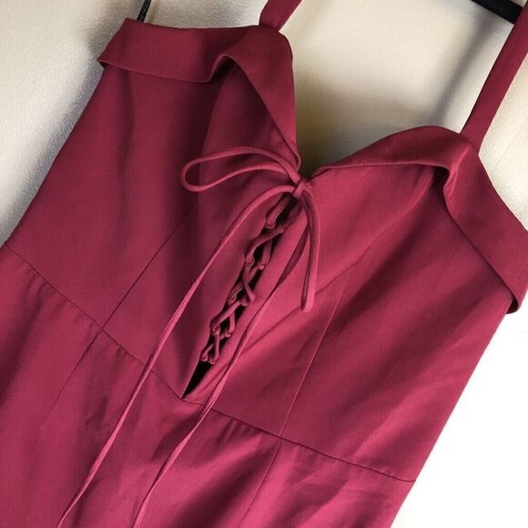 X-194 Wayf  Sydney Lace Up Convertible Halter Maxi Dress Red Slit Back Zip L New - Picture 2 of 5